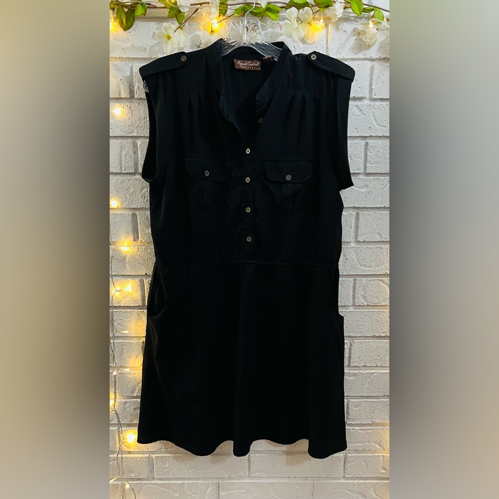 Black Military Style Shirt Dress with Pockets |  XL